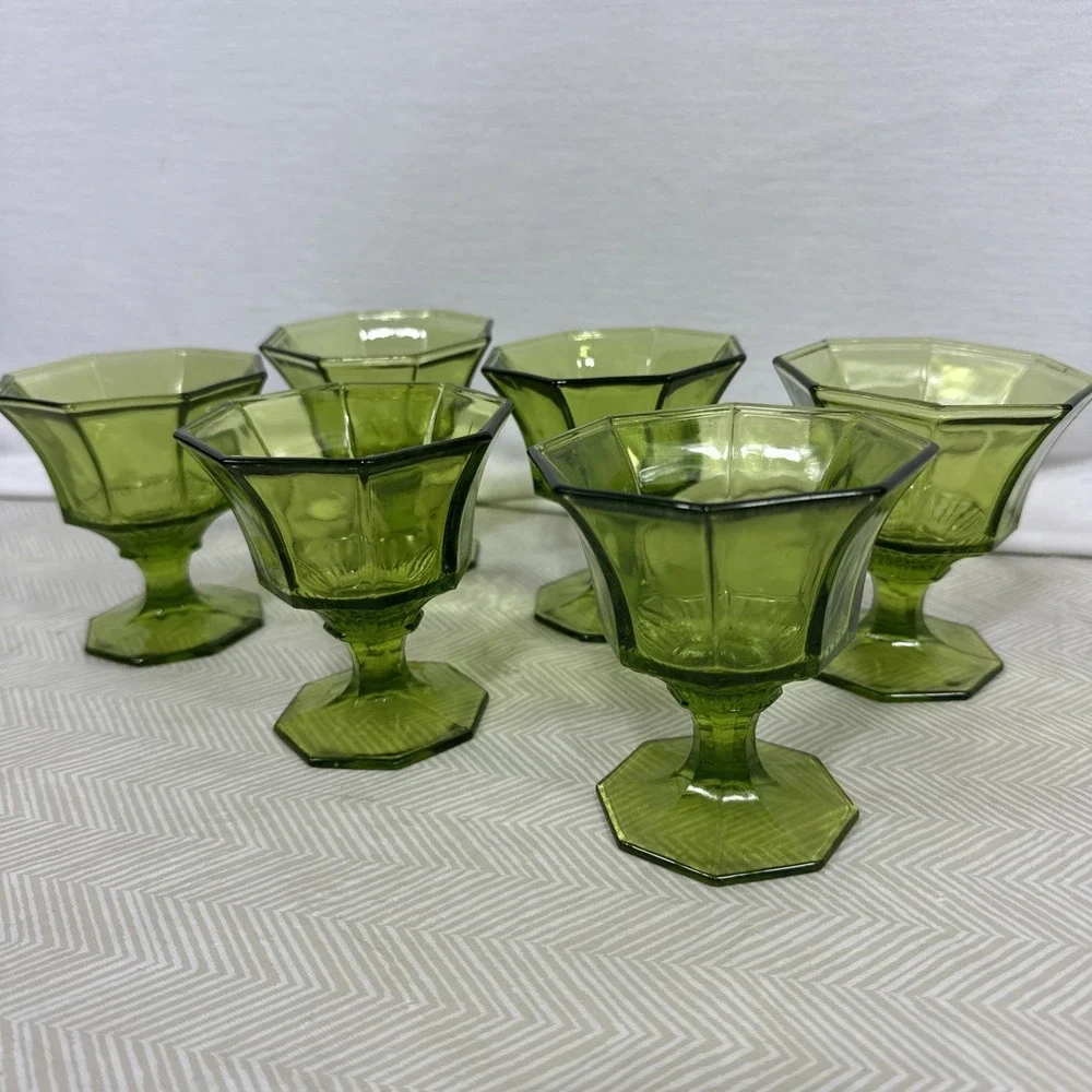 Vintage Independence Octagonal‎ Olive Green Footed Water Goblet 4